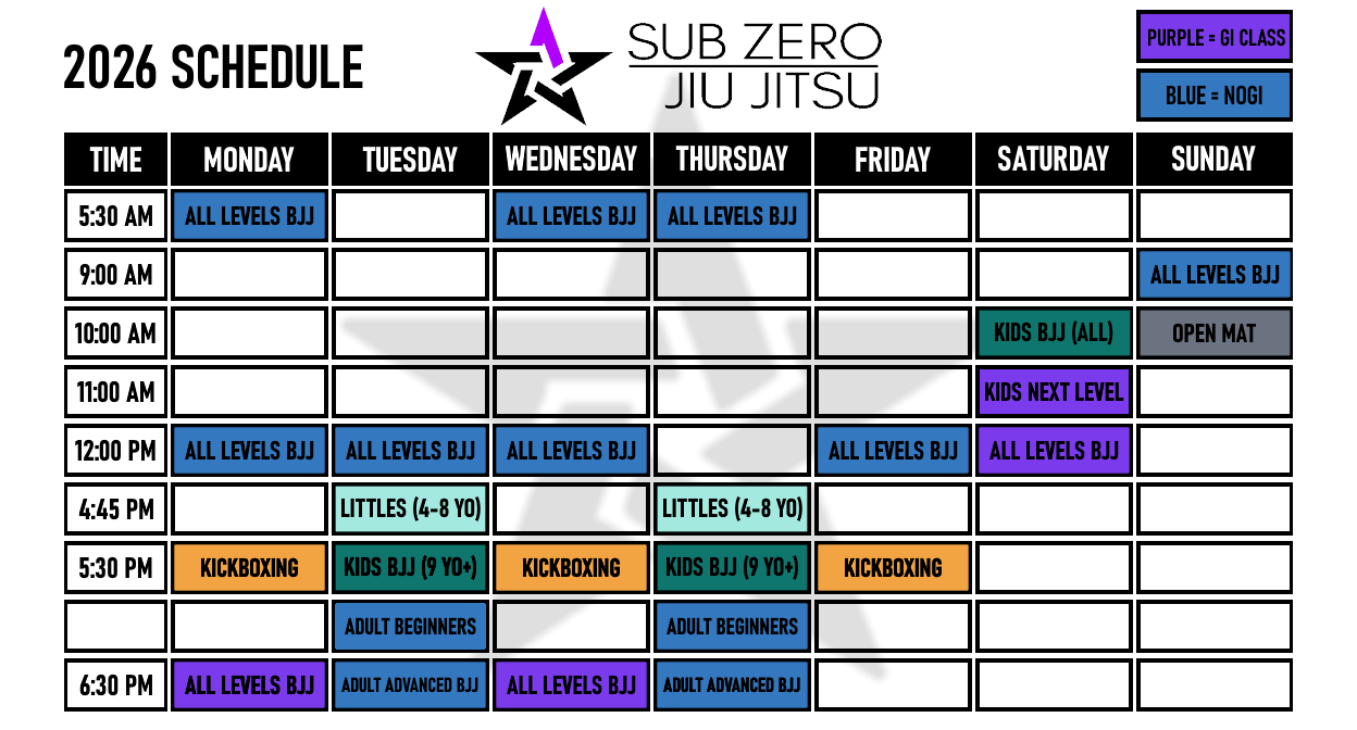 The schedule of Subzero Martial Arts in Hamburg New York in calendar format
